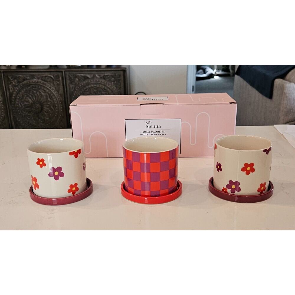 xo Sienna Small Planters Set of 3 Ceramic Pots and Trays Floral and Plaid